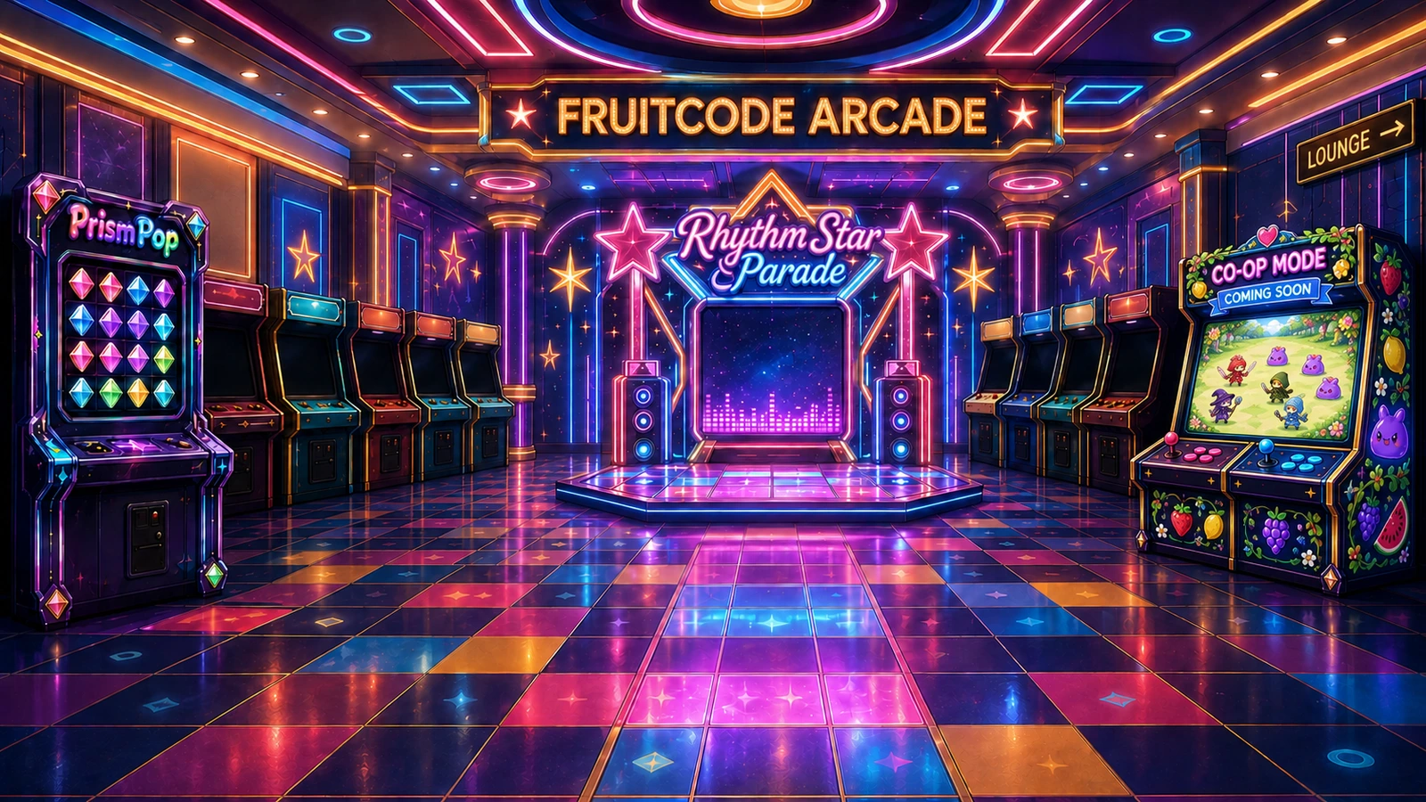 FRUITCODE Arcade with Prism Pop, Rhythm Star Parade, a future co-op RPG cabinet and the Lounge entrance.