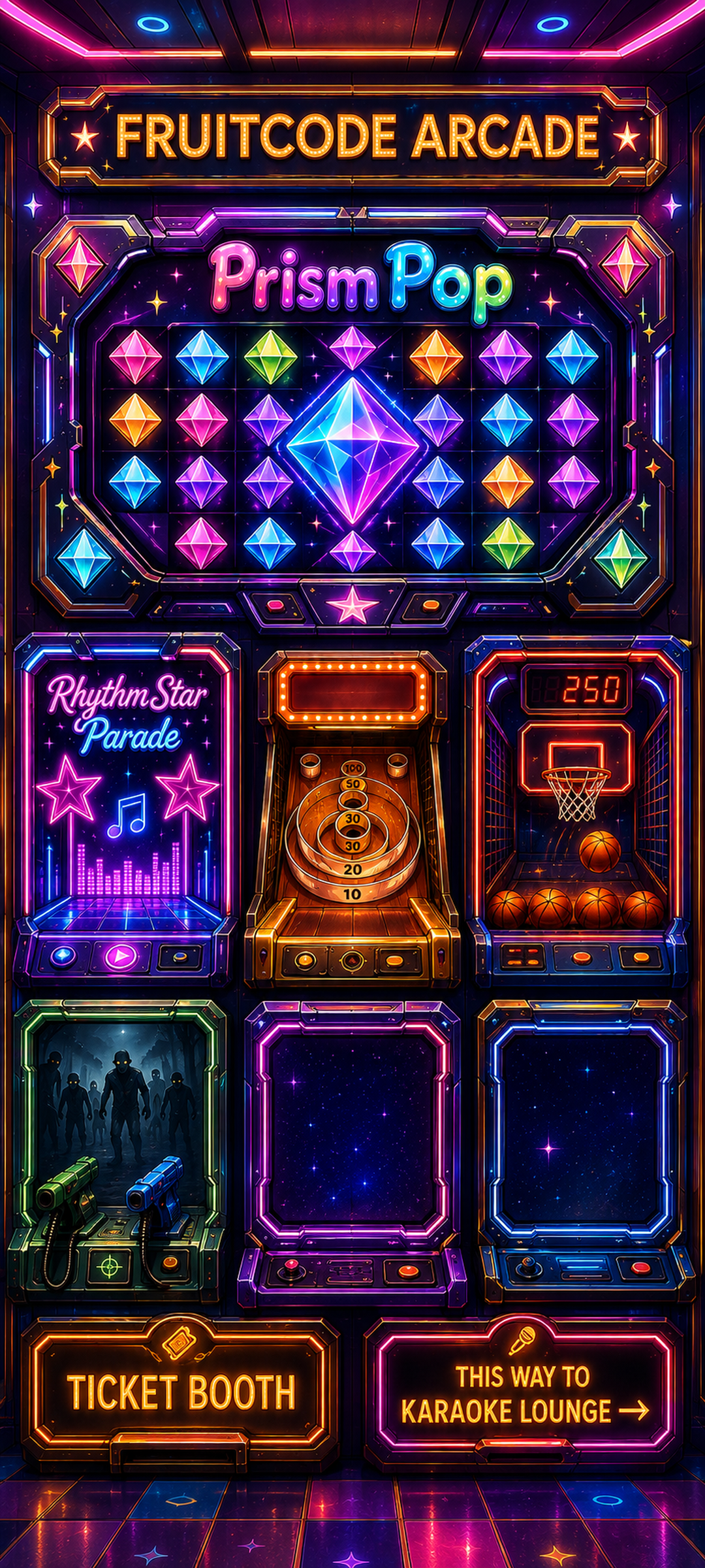 The portrait FC Arcade room with Prism Pop, Rhythm Star Parade, skee-ball, basketball, additional cabinets, the Ticket Booth, and the Karaoke Lounge entrance.